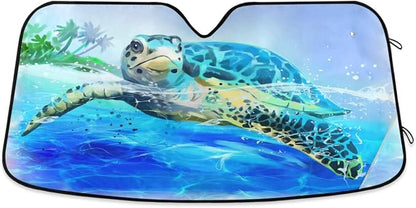 Sea Turtle Car Windshield Sun Shade Watercolor Beach Ocean Animal Foldable UV Ray Sun Visor Protector Sunshade to Keep Your Vehicle Cool (55" x 27.6")