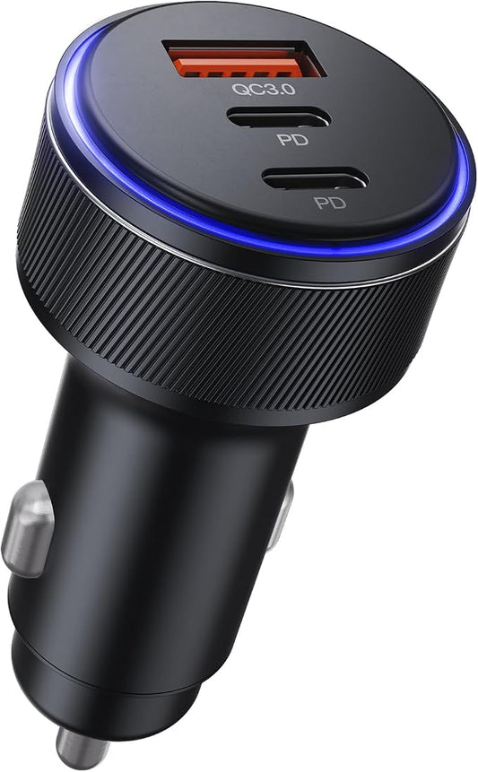 USB-C Car Charger, 3-Port 90W Fast Car Charger, Dual USB-C & USB-A Car Power Adapter, PD3.0 & QC3.0 Fast Charging for iPhone 17/16/15/14/13Pro Max, iPad, MacBook and More