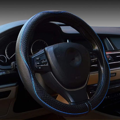 Valleycomfy Steering Wheel Covers Universal 15 inch - Genuine Leather, Breathable, Anti Slip & Odor Free (Black with Blue Lines, M(14" 1/2-15" 1/4))
