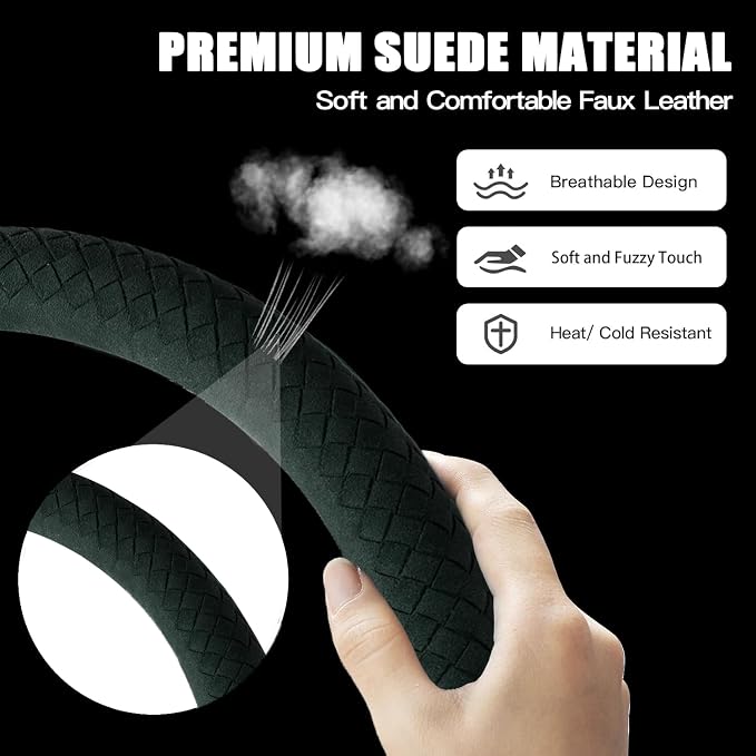 Suede Steering Wheel Cover with Upgraded Silicone Inner Ring, Breathable, Anti-Slip, Leather Universal 14.5 to 15 Inch Steering Wheel Cover (Green with Handwoven Craft)