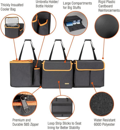 Deluxe Trunk and Backseat Organizer for Medium or Large Size SUVs & RVs, Detachable Storage Modules with Built-in Cooler, Patent Pending