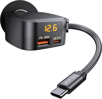 93W Retractable Car Charger, USB C Car Charger Fast Charging with PD PPS & QC 3.0, Multi Port Cigarette Lighter Adapter with Voltmeter for iPhone 17 16 15 Pro Max, Samsung S26/S25 iPad Pixel