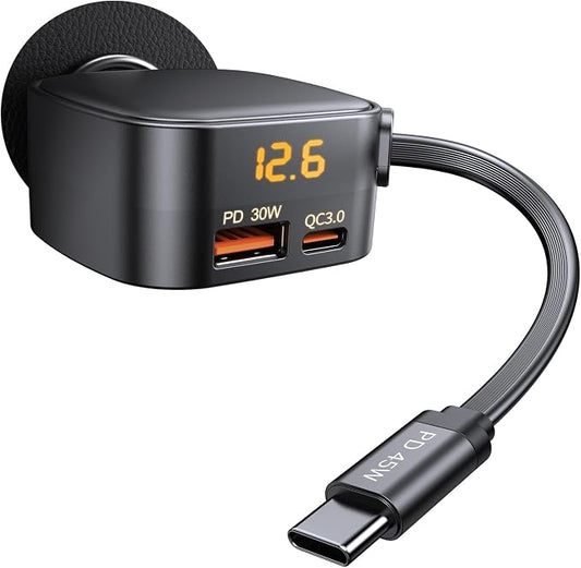 93W Retractable Car Charger, USB C Car Charger Fast Charging with PD PPS & QC 3.0, Multi Port Cigarette Lighter Adapter with Voltmeter for iPhone 17 16 15 Pro Max, Samsung S26/S25 iPad Pixel