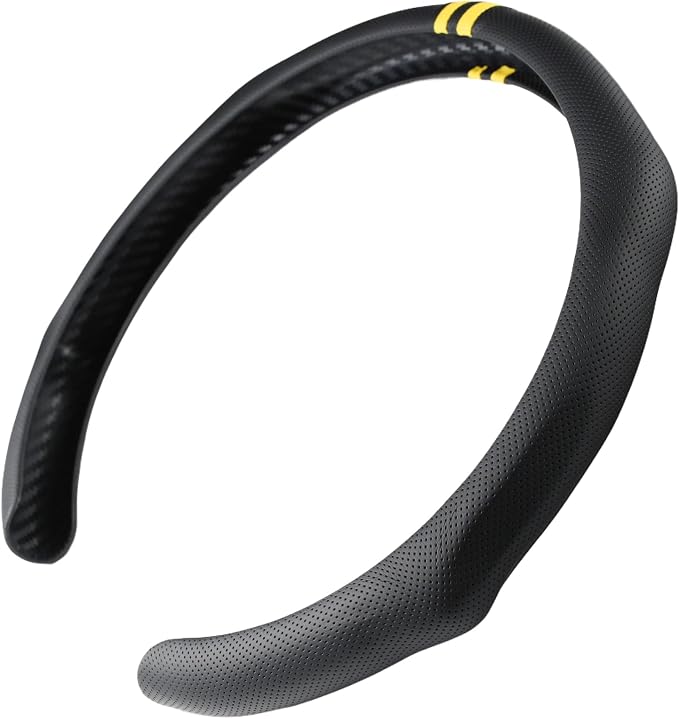 Quick Install Sporty Perforated Nappa Leather Steering Wheel Cover with Yellow Stripes Universal fit 14½" to 15" Car SUV Pickup Steering Wheel
