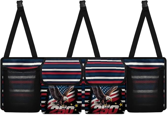 Eagle Flag Hanging Car Organizer Backseat Hanging Storage Bag with 4 Pockets & 3 Adjustable Straps Large Capacity Cars Trunk Organizer Suitable for Most Cars,SUV,Sedan