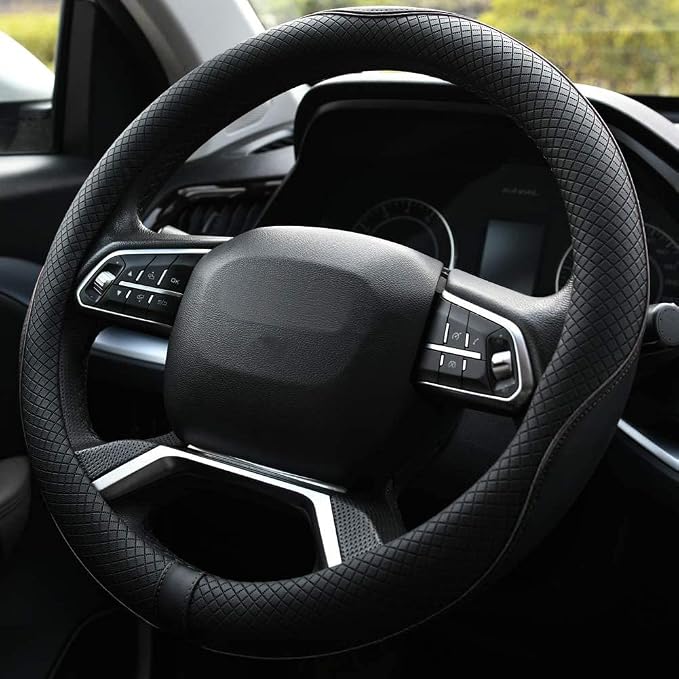 Rueesh Microfiber Leather Steering Wheel Cover Anti-Slip Matte Finish Auto Car Wheel Cover Universal 15 Inch Wheel Cover for Car Embossing Pattern Black Line