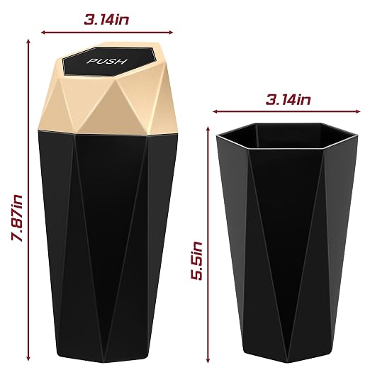 Car Trash Can with Lid, Mini Car Trash Cup with 30 Additional Trash Bags, Car Accessories for Interior, Leakproof Vehicle Garbage Bin for Car, Home, Office - 2 Packs, Gold