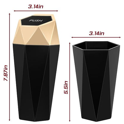 Car Trash Can with Lid, Mini Car Trash Cup with 30 Additional Trash Bags, Car Accessories for Interior, Leakproof Vehicle Garbage Bin for Car, Home, Office - 2 Packs, Gold