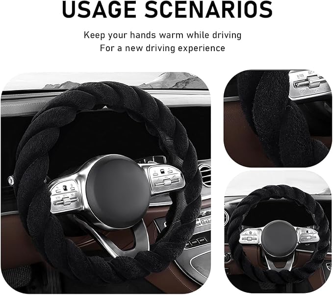 KVAEY Fluffy Car Steering Wheel Cover, 15 Inches Anti-Slip Round Fuzzy Winter Steering Wheel Protector, Soft Warm Plush Steering Wheel Cover for Women Girls, Car Accessories (Black, D-Shaped)