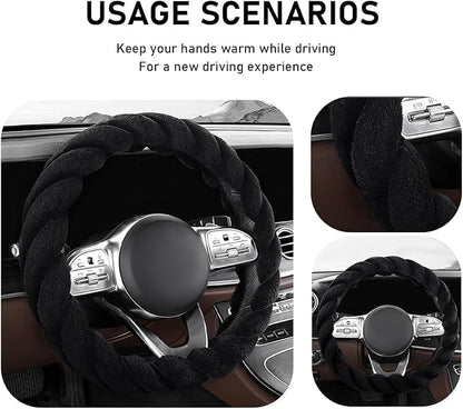 KVAEY Fluffy Car Steering Wheel Cover, 15 Inches Anti-Slip Round Fuzzy Winter Steering Wheel Protector, Soft Warm Plush Steering Wheel Cover for Women Girls, Car Accessories (Black, D-Shaped)