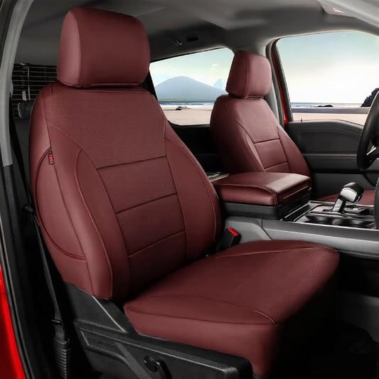 coverdream F150 Seat Covers for 2021-2026 Ford F150 SuperCrew XL,XLT,STX/F150 Lightning(2022-24) & 2023-2026 F250/F350/F450 CrewCab XL,XLT,Fully Covered,Leather Seat Protector(Full Set,Wine Red)