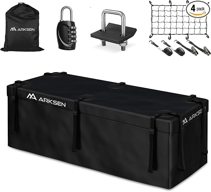 ARKSEN Waterproof Hitch Cargo Carrier Bag with Combination Lock for Truck SUV RV Trailer- Include Net, Heavy Duty Stainless Steel Hitch Tightener, Anti-Rattle Stabilizer, 2 pcs 19.7Ft Straps