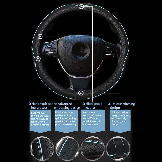 Car Steering Wheel Cover,Anti-Slip, Safety, Soft, Breathable,Heavy Duty, Thick,Full Surround,Sports Style (Black with Light Blue Line)