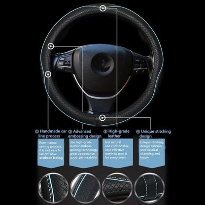 Car Steering Wheel Cover,Anti-Slip, Safety, Soft, Breathable,Heavy Duty, Thick,Full Surround,Sports Style (Black with Light Blue Line)