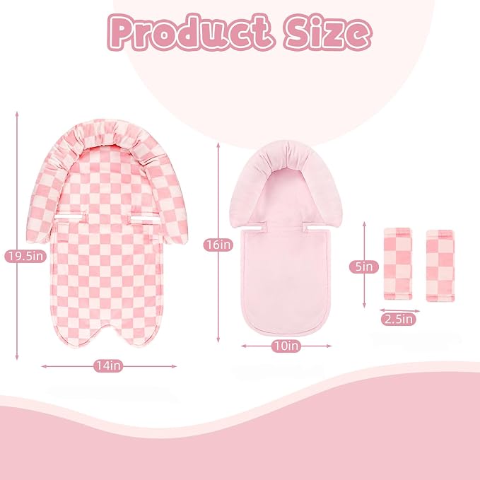 Infant Car Seat Insert with 2 Strap Pads, Carseat Cushion Baby Boy & Girl, Soft and Comfortable Carseat Head Support for Newborn, Pink Checkered