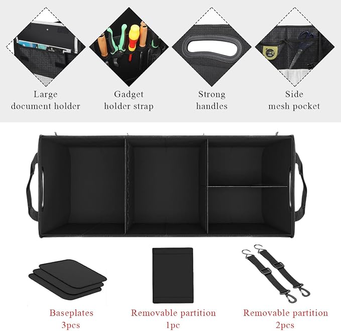 povtii Large Organizer for Car, 95L Stretchable Storage Trunk Organizer with Divided Compartments, Fixed Big Trunk Organizer with Handles & Adjustable Straps, Car Accessories (Black & Gray)