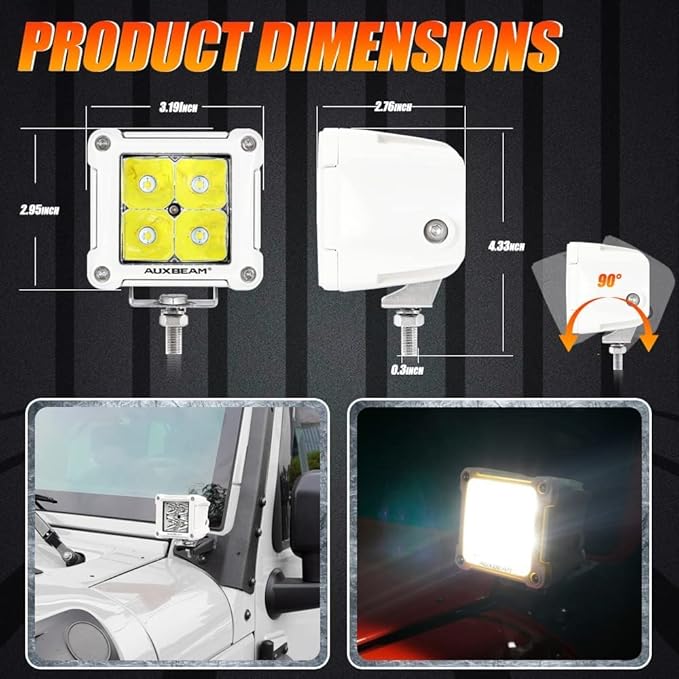Auxbeam FA Series White Housing LED Pods, 3Inch 40W Spot Beam Offroad Cube Lights, 4800LM All White Body Ditch Lights Spotlights, for Marine Boat 4x4 4WD Motorcycle Truck, Pair