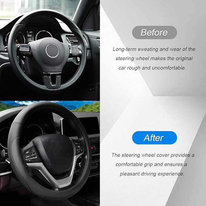 Car Steering Wheel Cover, 14.5"-15" Leather Anti-Slip Sporty Vehicle Steering Wheel Protector, Soft Breathable Auto Interior Decoration Accessories, Universal for SUV Truck Sedan (Black)