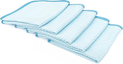 The Rag Company Dry Me A River, Professional Korean 70/30 Blend Microfiber Waffle-Weave Drying & Detailing Towels, Soft Suede Edges, 390 GSM, 16x16 Inches, Light Blue, 5-Pack