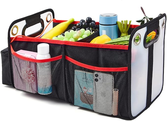 COVAX Car Trunk Organizer, Collapsible Back Seat Storage with Insulated Drinks Holder, Water Resistant Backseat Organizer for Diapers, Toys, Snacks, Books & More