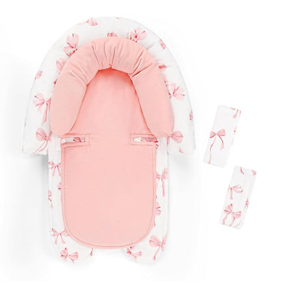 Infant Car Seat Insert with 2 Strap Pads, Carseat Cushion Baby Boy & Girl, Soft and Comfortable Carseat Head Support for Newborn, Pink Bow
