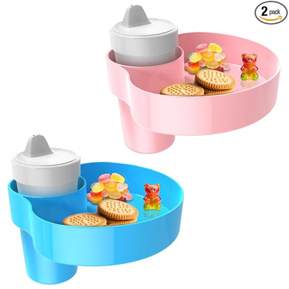 2 Pack Car Seat Cup Holder Snack Tray: Travel Tray for Kids Car Seat Food Tray for Kids Travel, Toddler Carseat Eating Plate Table, Kid Road Trip Table Essentials Accessories, Pink+Light Blue