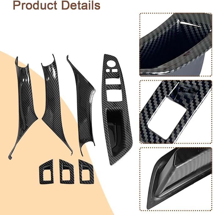 7PCS Carbon Fiber Interior Door Handle Cover Kit Replacement for BMW 5 Series F10 / F11 (2010-2016) 520i 523i 525i 528i 530i 535i | Driver Passenger Window Switch Panel Window Switch Covers