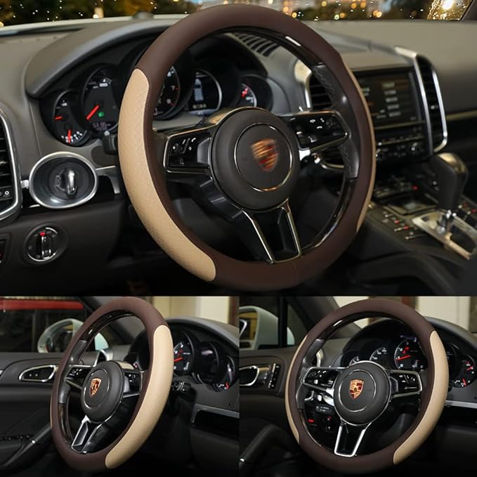 Steering Wheel Cover, Microfiber Leather Splicing with Classic Embossing,Contrasting Colors Anti-Slip Breathable Auto Car Steering Wheel Cover Fit 15 Inch Car Wheel Protector (Coffee&Beige)
