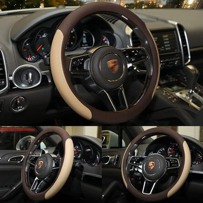 Steering Wheel Cover, Microfiber Leather Splicing with Classic Embossing,Contrasting Colors Anti-Slip Breathable Auto Car Steering Wheel Cover Fit 15 Inch Car Wheel Protector (Coffee&Beige)