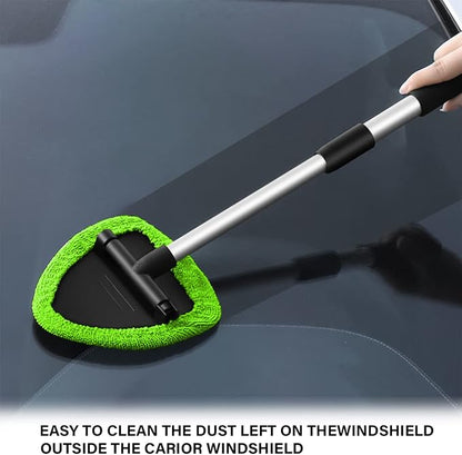 Windshield Cleaning Tool, Car Window Cleaner with 4 Washable Reusable Microfiber Pads, Extendable Long Handle Glass Wiper Cleaning Kit, Auto Accessories Universal for Office and Home (Green)