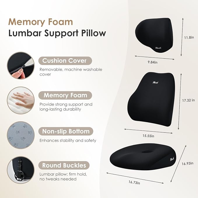 FLORICH Car Seat Cushion & Lumbar Support Pillow & Car Neck Pillow, Ergonomic Memory Foam Driving Seat Cushion for Back & Sciatica Pain Relief, Non-Slip Washable Cushion for Car, Driver, Office-Black