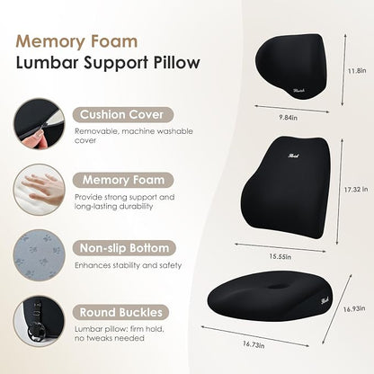 FLORICH Car Seat Cushion & Lumbar Support Pillow & Car Neck Pillow, Ergonomic Memory Foam Driving Seat Cushion for Back & Sciatica Pain Relief, Non-Slip Washable Cushion for Car, Driver, Office-Black