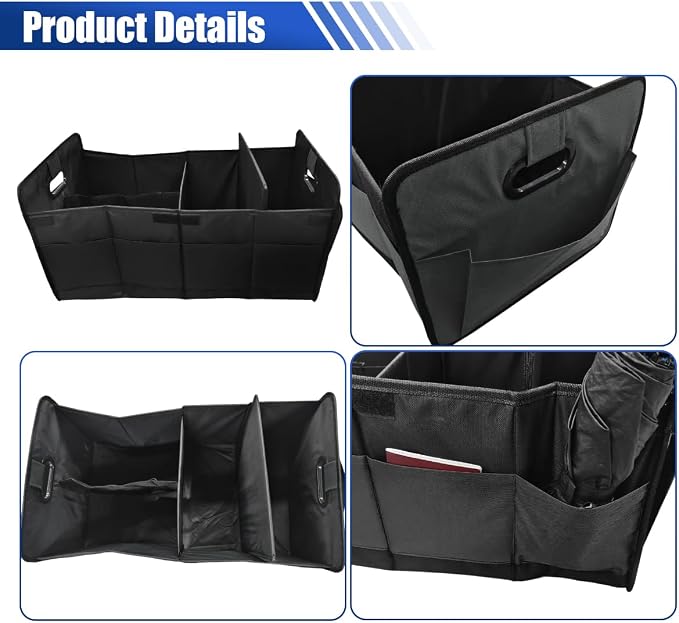 Car Trunk Organizer, Large Capacity Oxford Cloth Car Storage Box, Collapsible Multi-Compartment Organization Container, Waterproof Auto Interior Storage Accessories (Black)