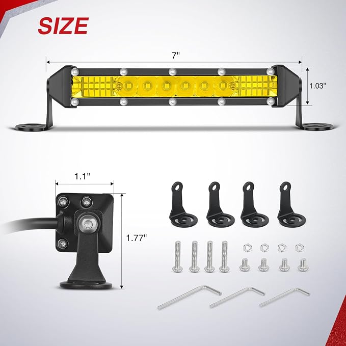 Nilight Slim LED Light Bar 2Pcs 7 Inch 16LED Single Row Spot Flood Combo Yellow Off Road Work Driving Fog Lighting for 12V 24V ATV UTV Pickup Truck Tractor Boat