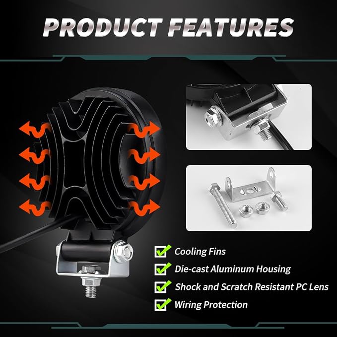 2PCS 72W Round LED Pods, Off Road LED Work Light with 4.5" Amber Strobe DRL Light, Spot Flood Combo Beam, 12V-36V for Motorcycle SUV Boat Truck