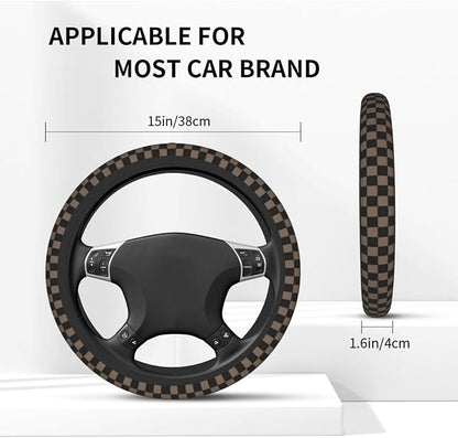 Checkered Black Brown Steering Wheel Cover 15 Inch Car + 2 pc Car Coasters | Black Brown Checkered Steering Wheel Cover Anti-Slip Breathable Universal for Suitable
