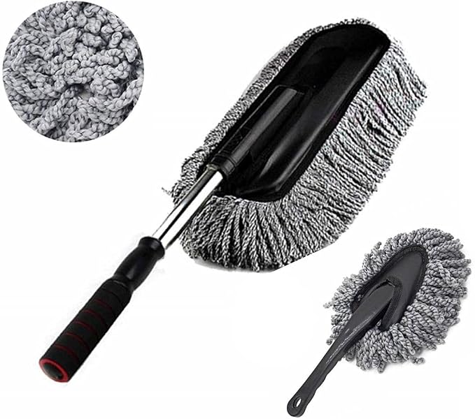 Removable Telescopic Car Wax Drag Nano Fiber Car Wash Brush Car Dusting Tool Car Mop Wax Dash Duster Exterior Interior Cleaning Kit (Premium Car Duster & Dash Duster 2 Pcs Set, Gray)