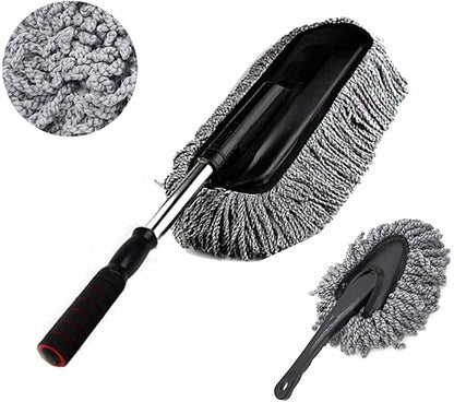 Removable Telescopic Car Wax Drag Nano Fiber Car Wash Brush Car Dusting Tool Car Mop Wax Dash Duster Exterior Interior Cleaning Kit (Premium Car Duster & Dash Duster 2 Pcs Set, Gray)