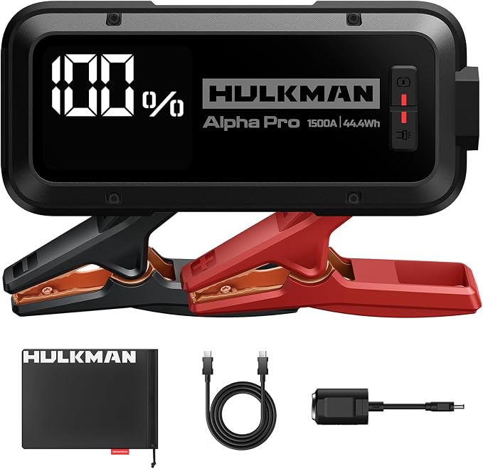 Hulkman Alpha Pro 1500A Jump Starter, 44.4Wh High-Capacity Car Battery Jump Starter, PD65W Fast Charging in & Out, 3.3" Smart Display Jump Box, 12V Jump Pack for 7.5L Gas/4.5L Diesel, Solid Black