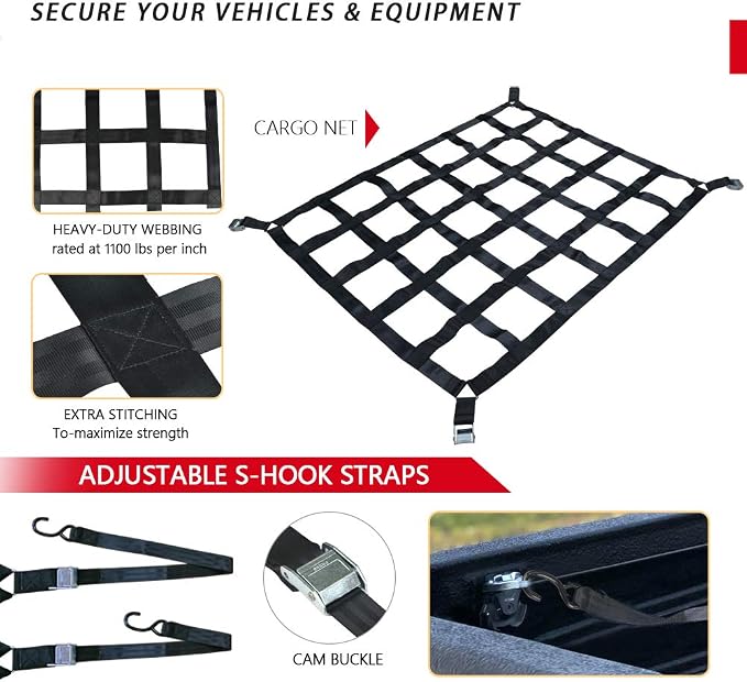 Surmountway Cargo Net for Pickup Truck Bed(42" x 50"), Truck Bed Cargo Net with Capacity 1100LBS, Heavy Duty Cargo Nets with Adjustable Cam Buckles & S-Hooks, Truck Cargo Net for Trailer Trucks