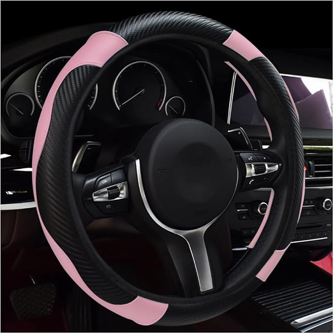povtii Car Steering Wheel Cover, 15 Inch Leather Breathable Auto Steering Wheel Protector, Comfortable Non-Slip Vehicle Steering Wheel Covers, Universal Interior Car Accessories (Black+Pink)