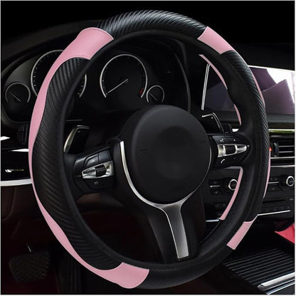 povtii Car Steering Wheel Cover, 15 Inch Leather Breathable Auto Steering Wheel Protector, Comfortable Non-Slip Vehicle Steering Wheel Covers, Universal Interior Car Accessories (Black+Pink)