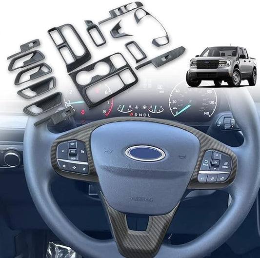 Muslogy for Maverick Set 14 Pcs Interior Decoration Trim Kit Overlays Steering Wheel Center Console Vent Window Switch Inner Door Cover Compatible with Ford Maverick 2022-2024 (Matt Carbon Fiber)
