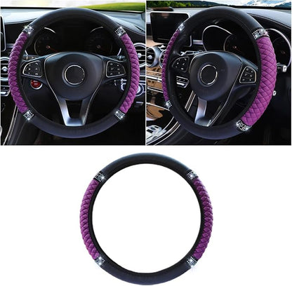Bling Soft Leather Steering Wheel Cover, 15 Inch Colorful Rhinestones Auto Elastic Protector with Crystal Diamond for Women Girls, Car Accessories for Most Cars, SUVs (Purple)