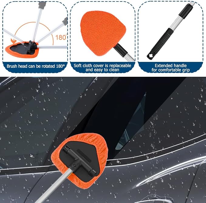Car Wash Brush with Long Handle, Windshield Cleaning Tool, Car Washing Mop Kit Mitt Sponge Car Cleaning Supplies Kit, Microfiber Towel Gloves Universal for Cars RV SUV Truck Office (Orange)