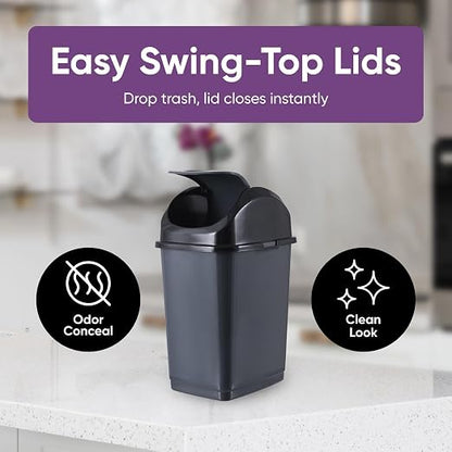 Superio Mini 1.25 Gallon and Small 2.5 Gallon Plastic Trash Cans with Swing Top Lid, Grey Waste Bin for Countertop, Desk, Vanity, Bathroom, 2 Pack (Grey)