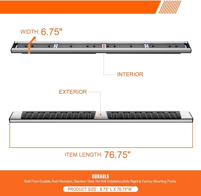 6.75" Running Boards Side Step Bars Compatible with 2009-2024 Dodge Ram 1500 Quad Extended Cab, Stainless Steel Flat Side Truck Running Boards, Chrome