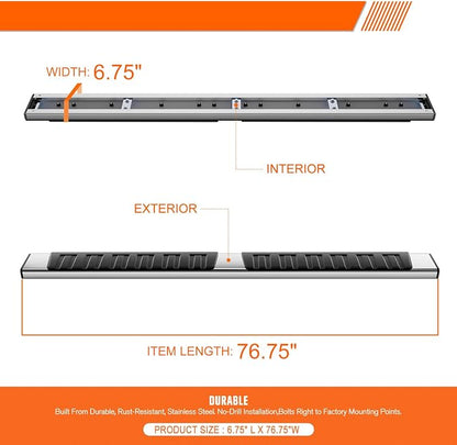 6.75" Running Boards Side Step Bars Compatible with 2009-2024 Dodge Ram 1500 Quad Extended Cab, Stainless Steel Flat Side Truck Running Boards, Chrome