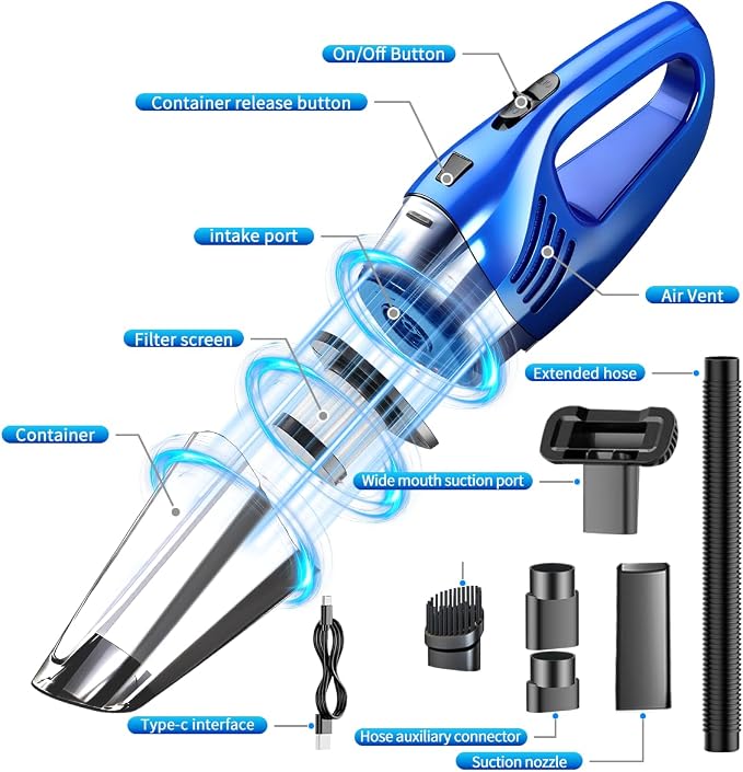 Car Vacuum Portable Cordless – 12000PA Strong Suction, Lightweight & Rechargeable – Includes Multi-Nozzle Attachments for Car, Home, Office, and Pet Hair – Compact & Powerful Azure Vacuum