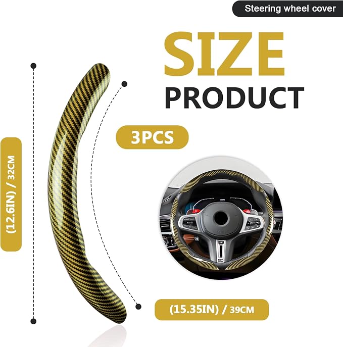 3pcs Universal Carbon Fiber Steering Wheel Cover - Anti-Slip & Segmented Design, Universal 99% Durable Steering Wheel Protector for Men and Women, Car Interior Accessory (Yellow)